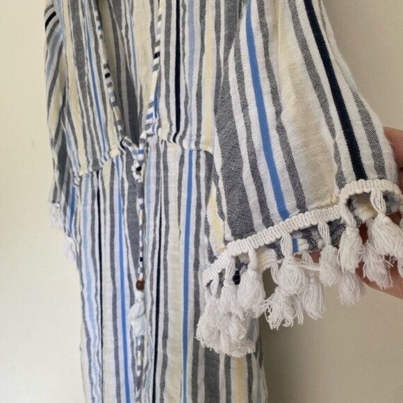 Blue Island Size XS Striped Cover-Up W/ Tassel Trim Sleeves White/Blue/Yellow - Picture 3 of 8